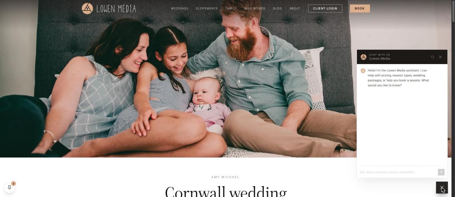 The Lowen Media chat assistant open over the homepage
