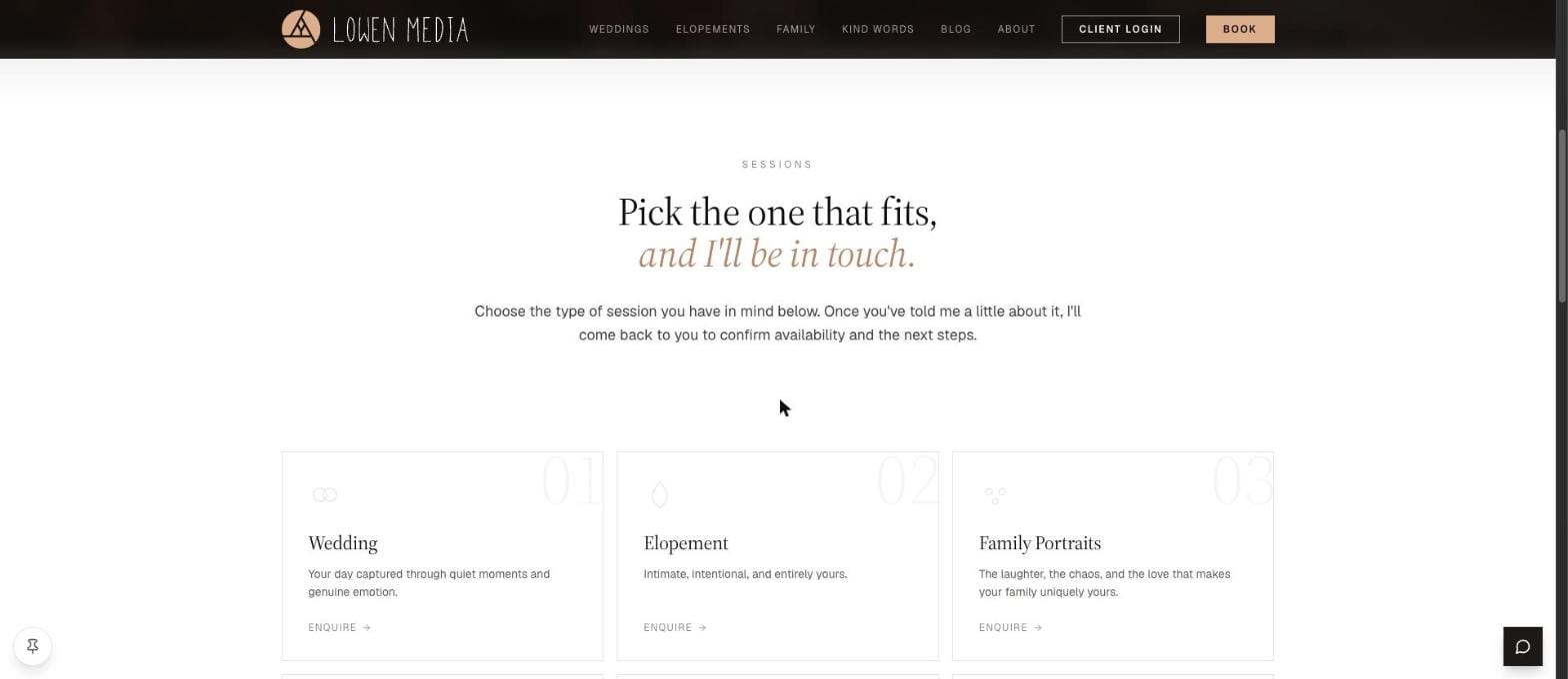 The booking page on lowenmedia.co.uk, with session type cards for weddings, elopements and family portraits