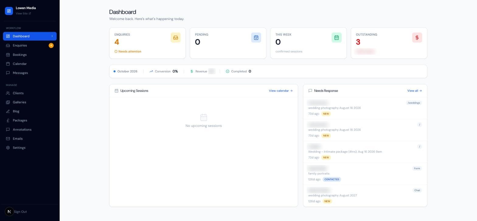 The admin dashboard with enquiry, booking and outstanding balance totals