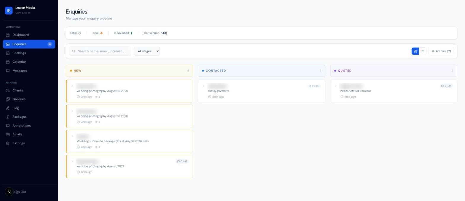 The enquiries pipeline board with New, Contacted and Quoted columns