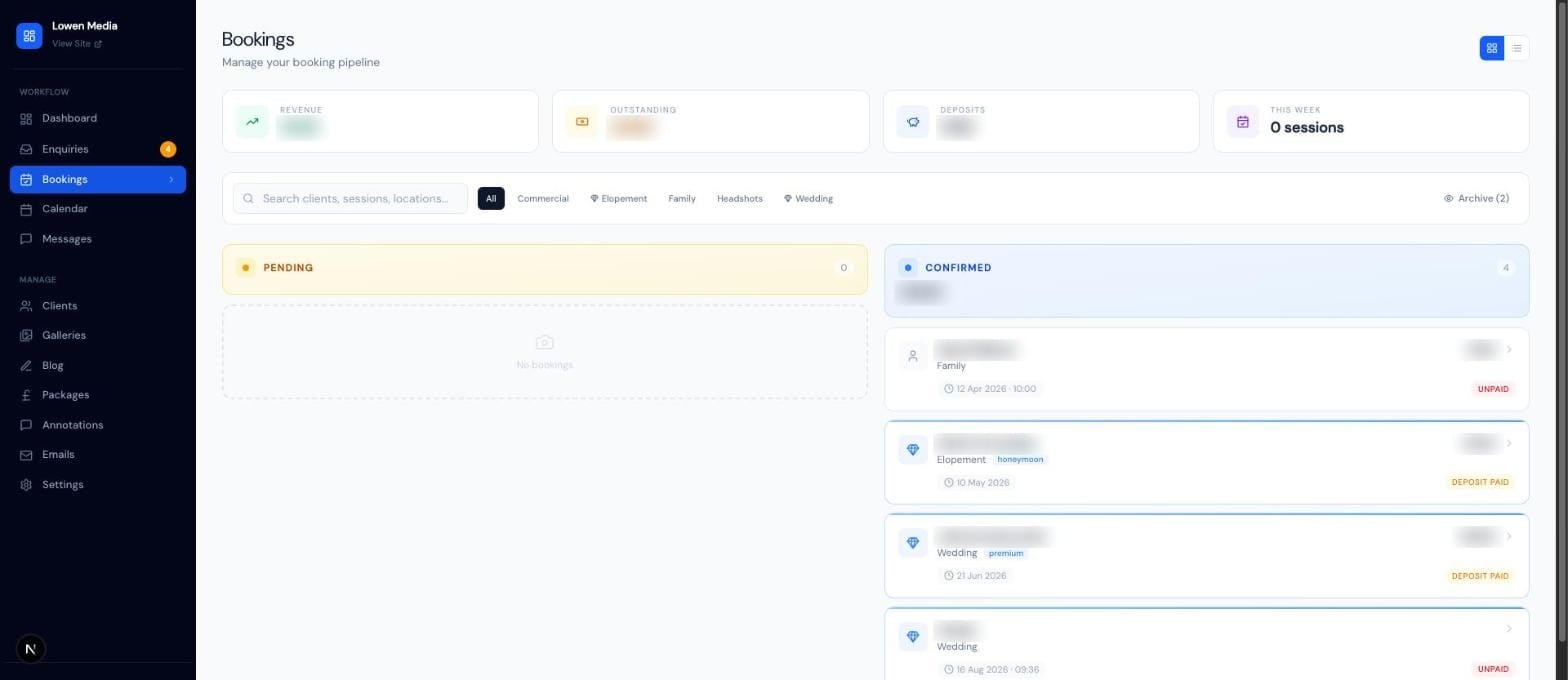 The bookings pipeline with revenue, outstanding and deposit totals above pending and confirmed columns