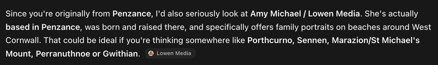 An AI assistant recommending Amy Michael and Lowen Media for family portraits on West Cornwall beaches, with a Lowen Media citation