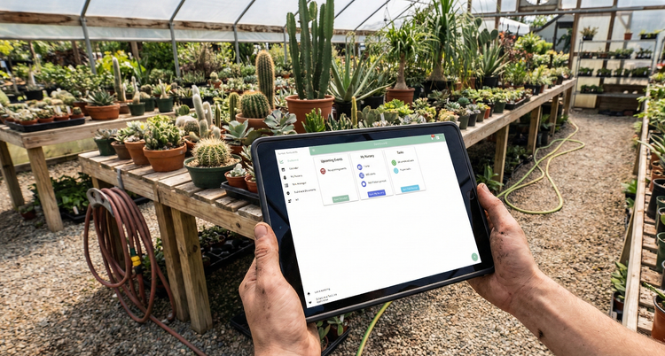 A digital mockup of the 'Surreal Succulents' app dashboard displayed on a tablet in a sunny greenhouse nursery.