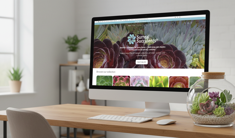 A desktop workstation displaying the Surreal Succulents dashboard on a screen.